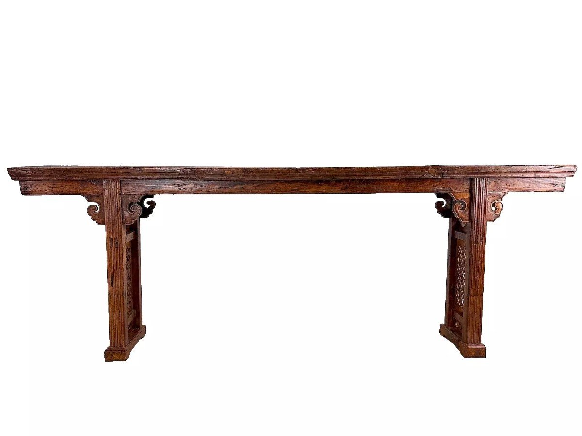 Ancienne Grande Table Console Chine 18 ème Bois Sculpté 2,45m Ajouré-photo-5