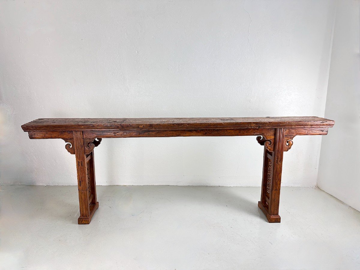 Ancienne Grande Table Console Chine 18 ème Bois Sculpté 2,45m Ajouré