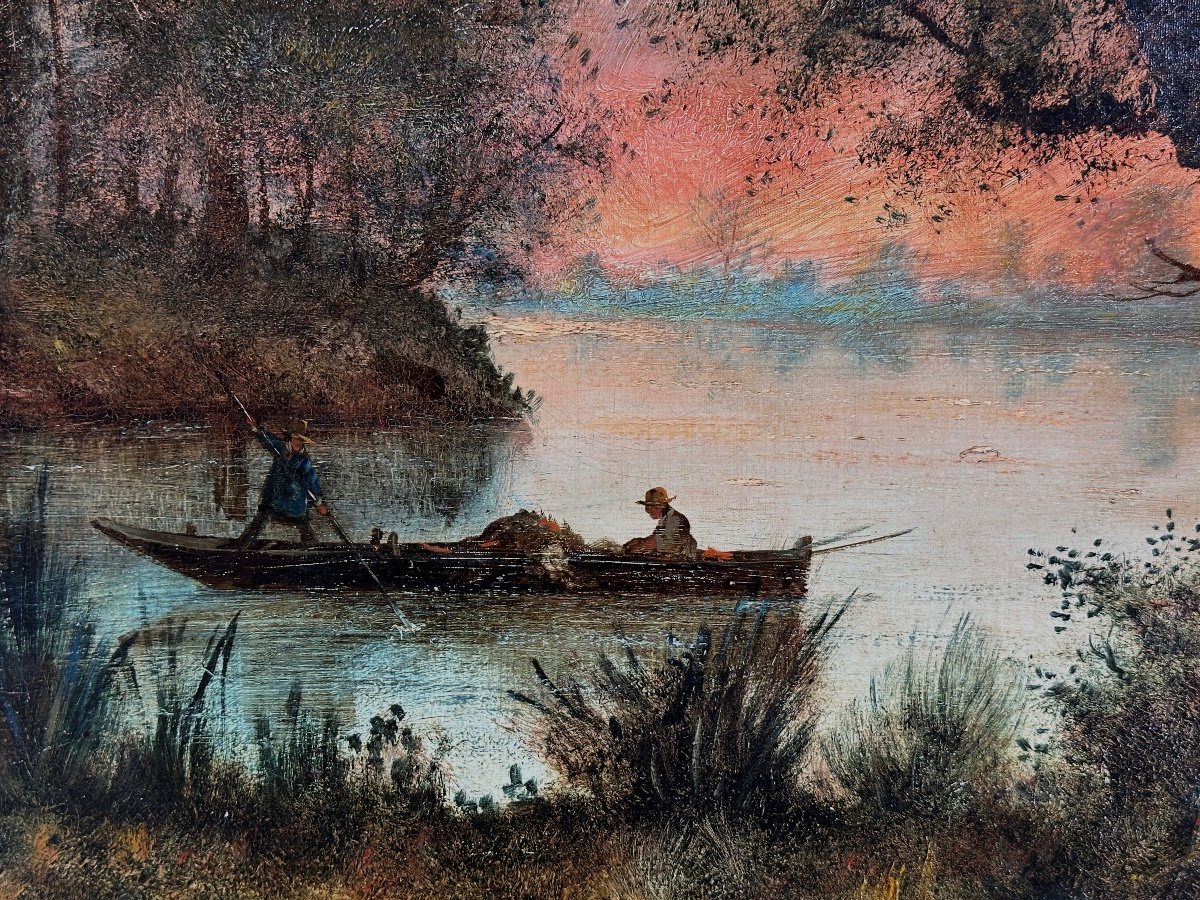 René Gourdon Ancien Tableau Barbizon  Paysage Bord De Rivière Animé Barque Forêt 19e 141 cm -photo-2