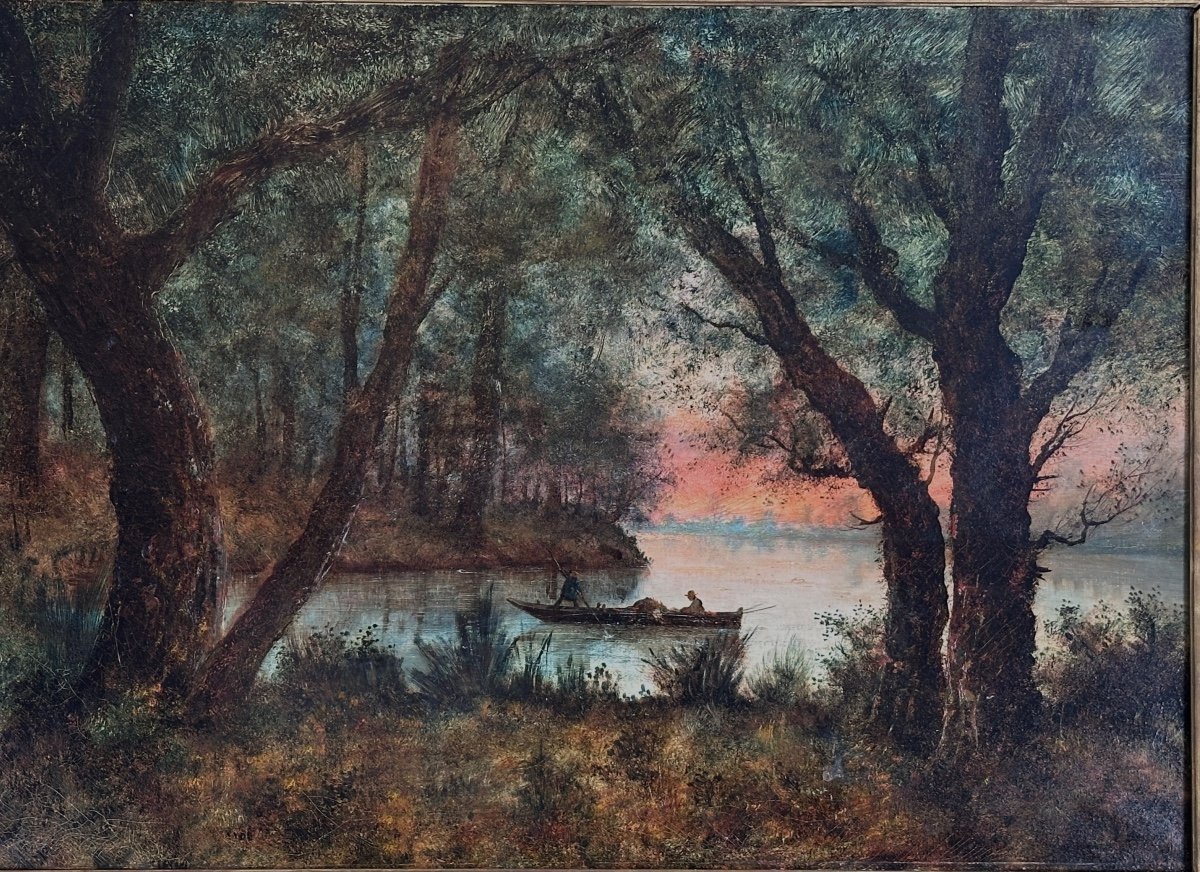 René Gourdon Ancien Tableau Barbizon  Paysage Bord De Rivière Animé Barque Forêt 19e 141 cm -photo-3