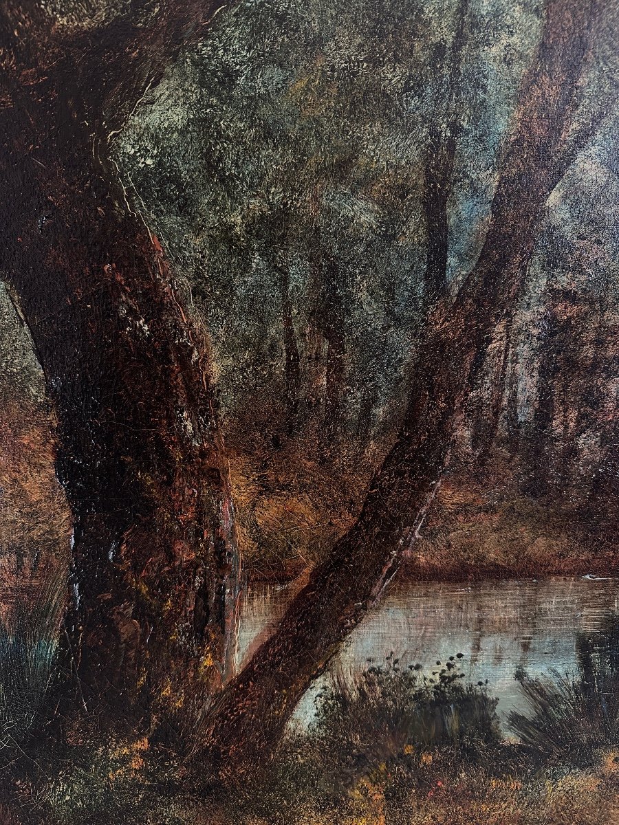 René Gourdon Ancien Tableau Barbizon  Paysage Bord De Rivière Animé Barque Forêt 19e 141 cm -photo-4