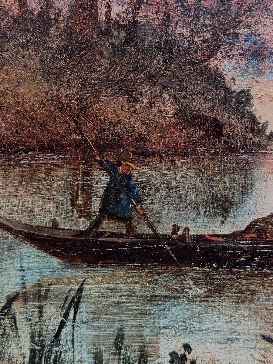 René Gourdon Ancien Tableau Barbizon  Paysage Bord De Rivière Animé Barque Forêt 19e 141 cm -photo-3