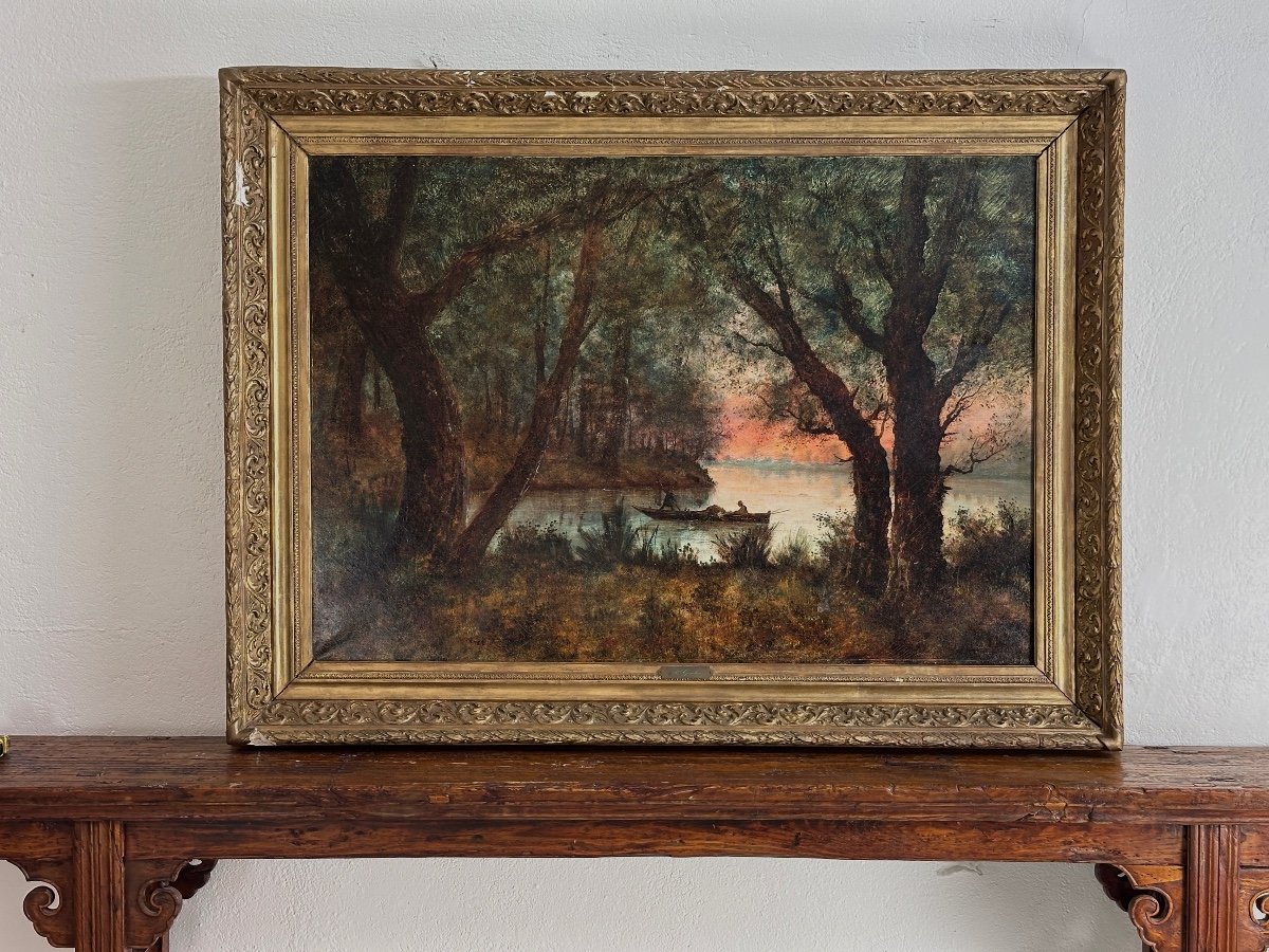 René Gourdon Ancien Tableau Barbizon  Paysage Bord De Rivière Animé Barque Forêt 19e 141 cm -photo-5