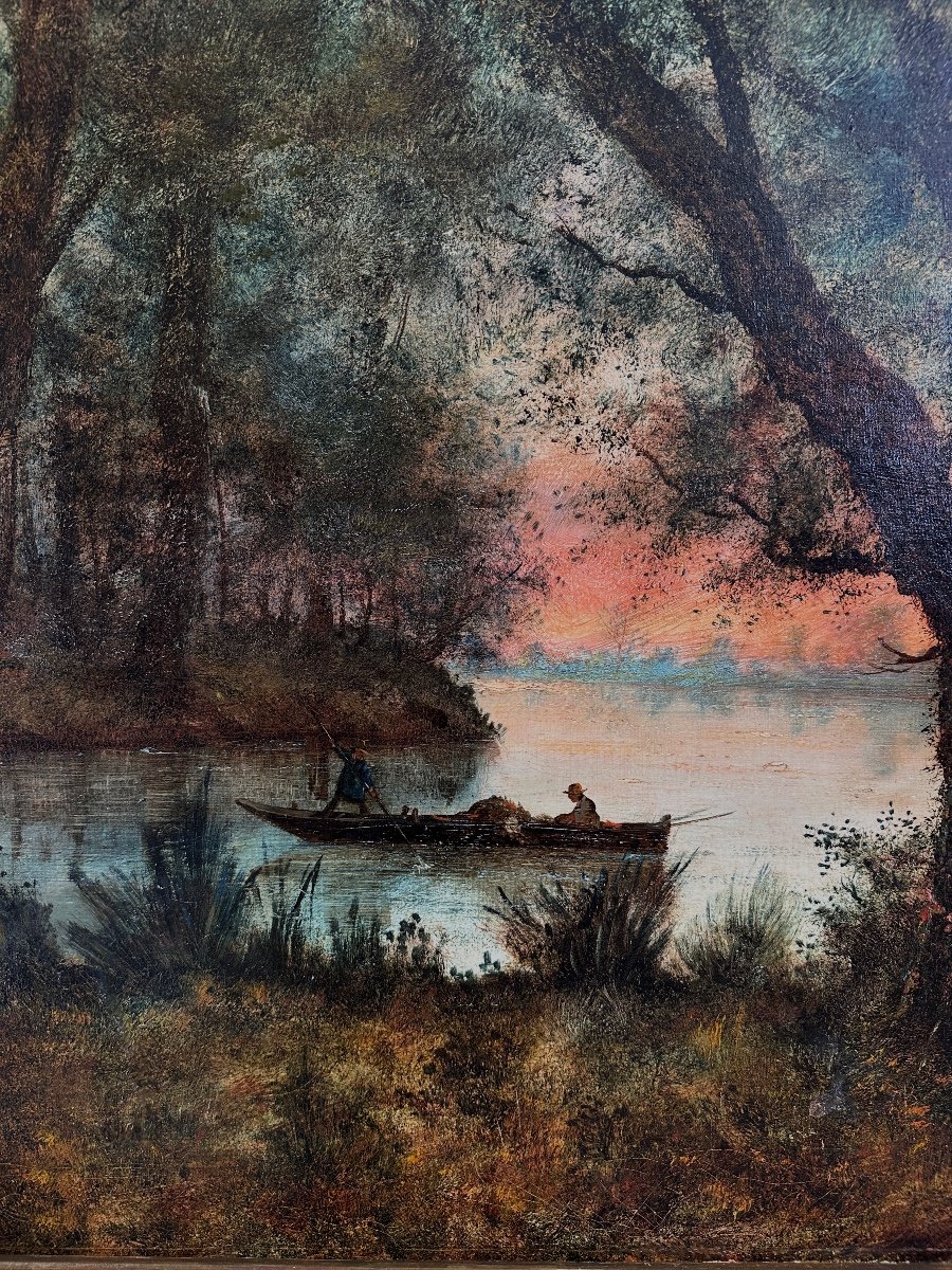 René Gourdon Ancien Tableau Barbizon  Paysage Bord De Rivière Animé Barque Forêt 19e 141 cm 