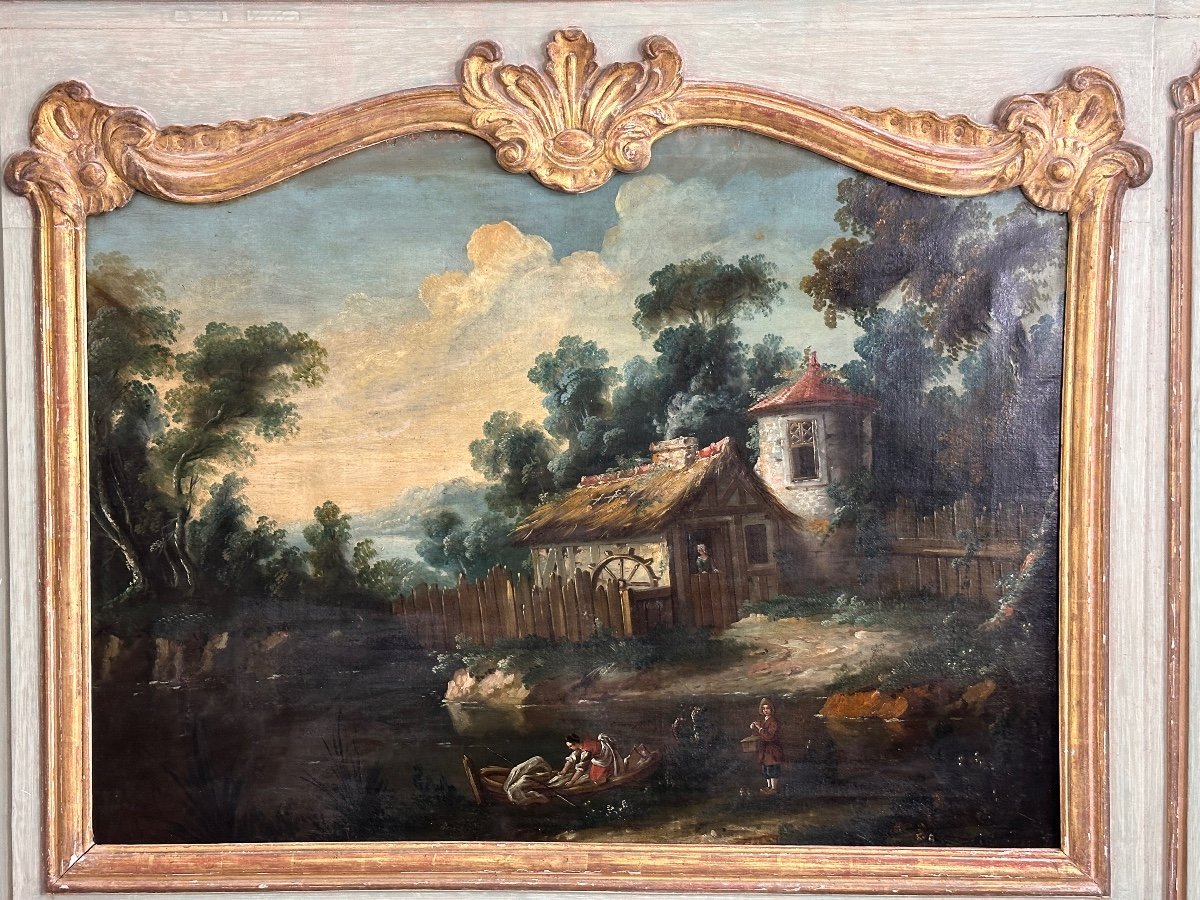 Ancien Grand Miroir Trumeau De Boiserie Bois Doré Et Tableau 18 ème Château Louis XV -photo-2