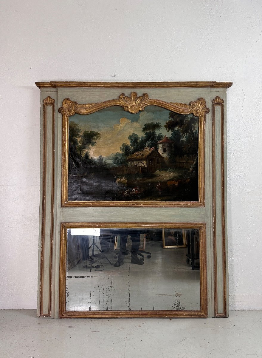 Ancien Grand Miroir Trumeau De Boiserie Bois Doré Et Tableau 18 ème Château Louis XV -photo-4