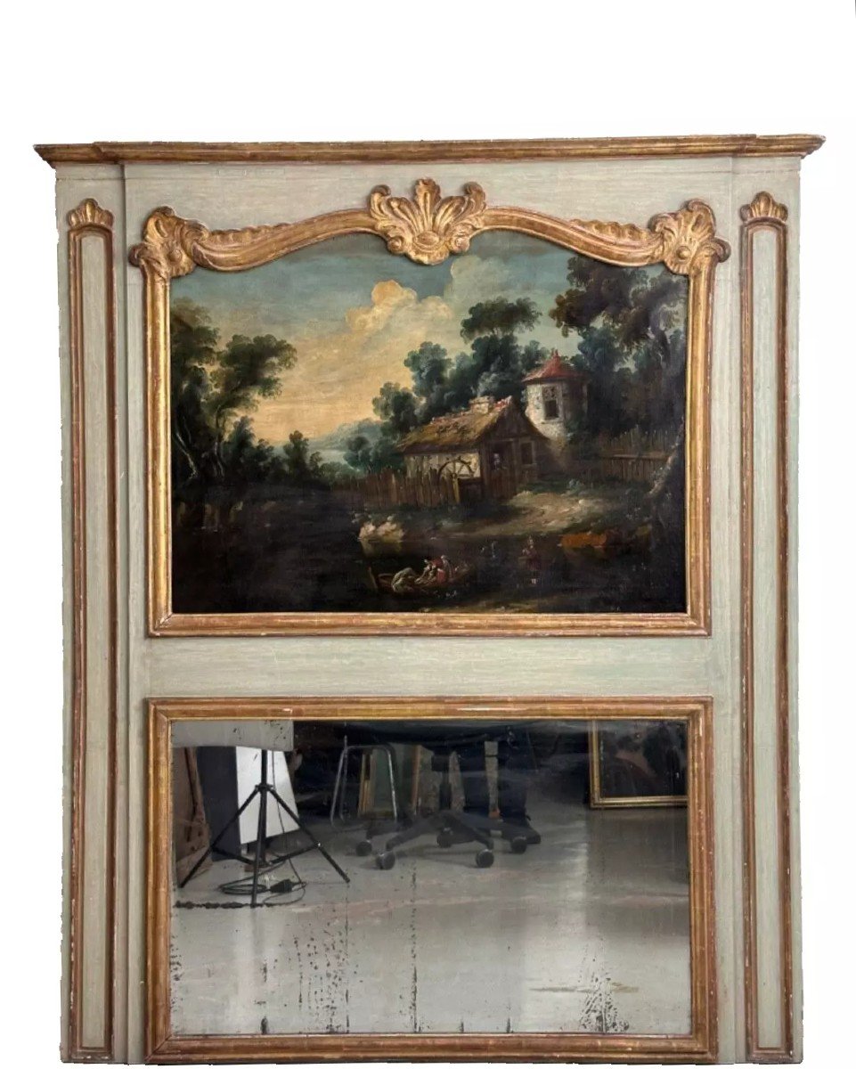 Ancien Grand Miroir Trumeau De Boiserie Bois Doré Et Tableau 18 ème Château Louis XV 