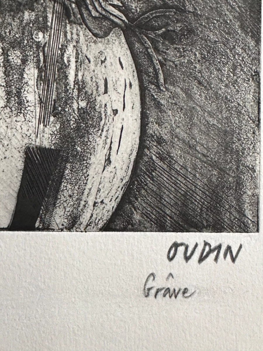 Francis Oudin Modern Engraving Portrait Of Musician Double Bass Bow Signed Xylon Group Ea-photo-3