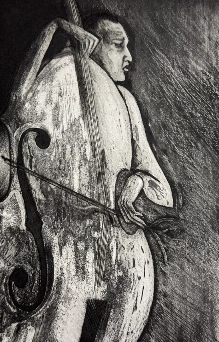 Francis Oudin Modern Engraving Portrait Of Musician Double Bass Bow Signed Xylon Group Ea