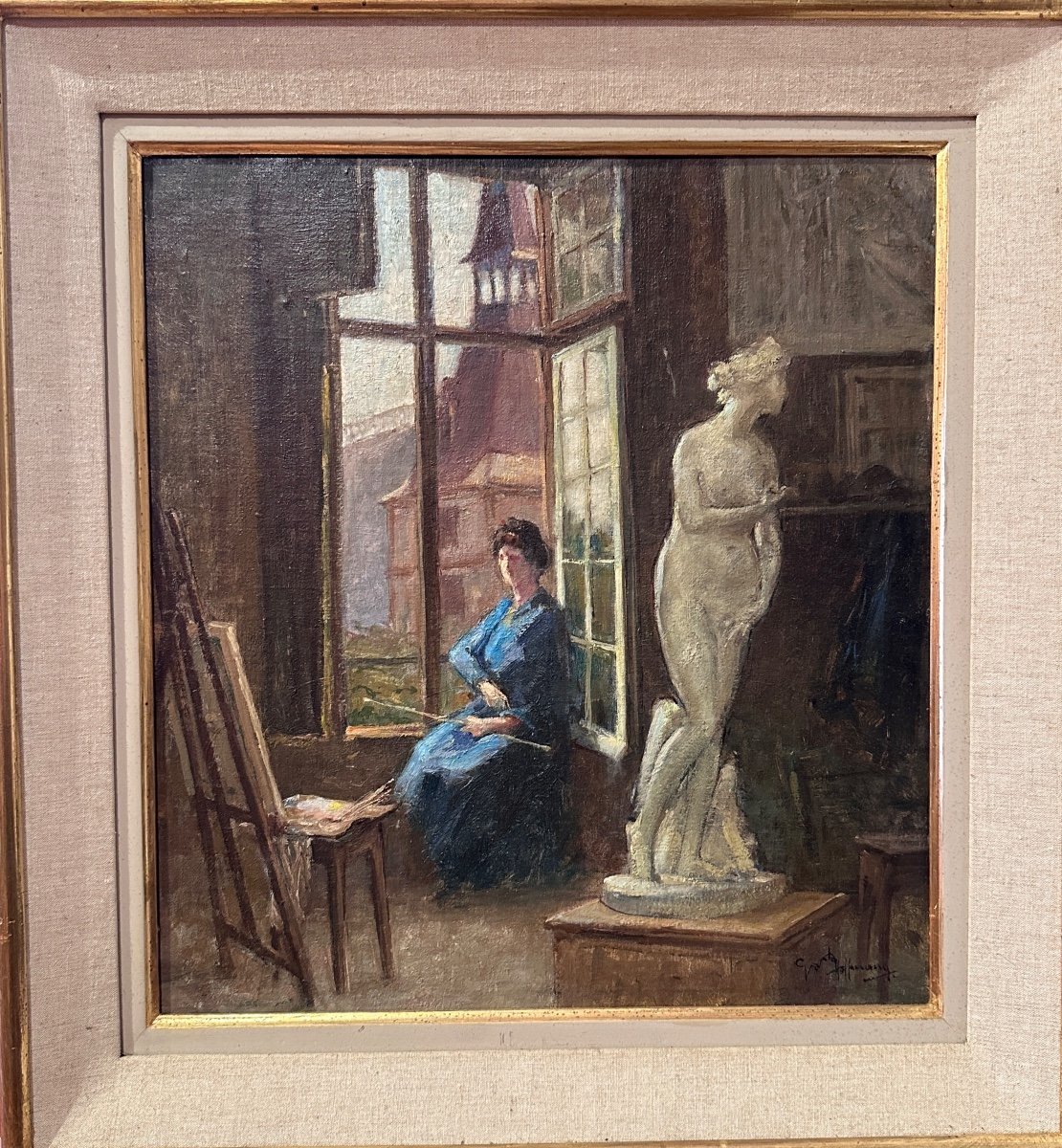 Gaston Hoffman  Tableau Art Nouveau  Vue De l'Atelier école De Nancy Portrait Femme Peintre -photo-1