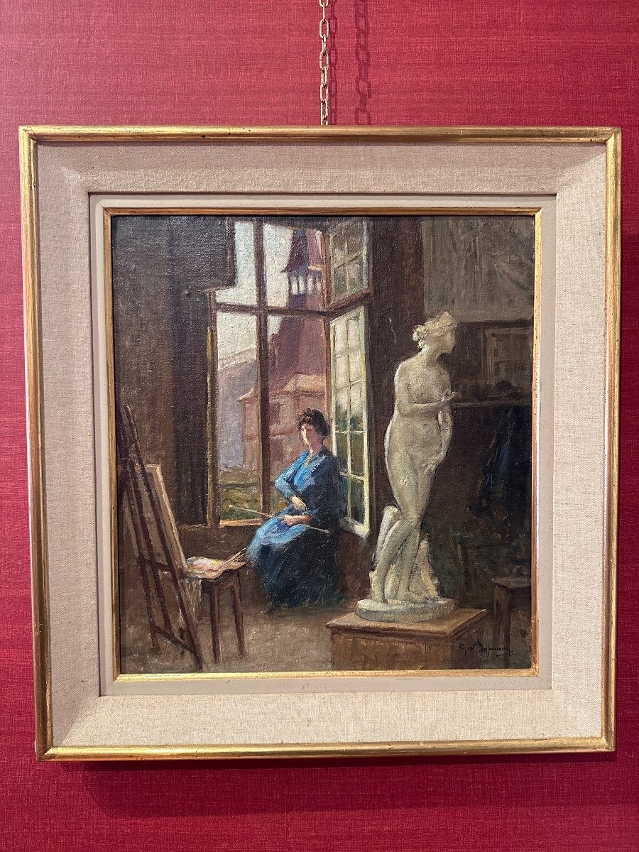 Gaston Hoffman  Tableau Art Nouveau  Vue De l'Atelier école De Nancy Portrait Femme Peintre -photo-3