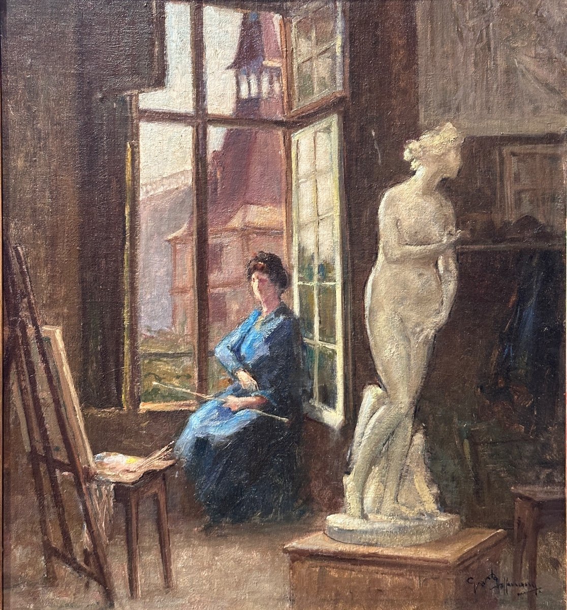 Gaston Hoffman  Tableau Art Nouveau  Vue De l'Atelier école De Nancy Portrait Femme Peintre 