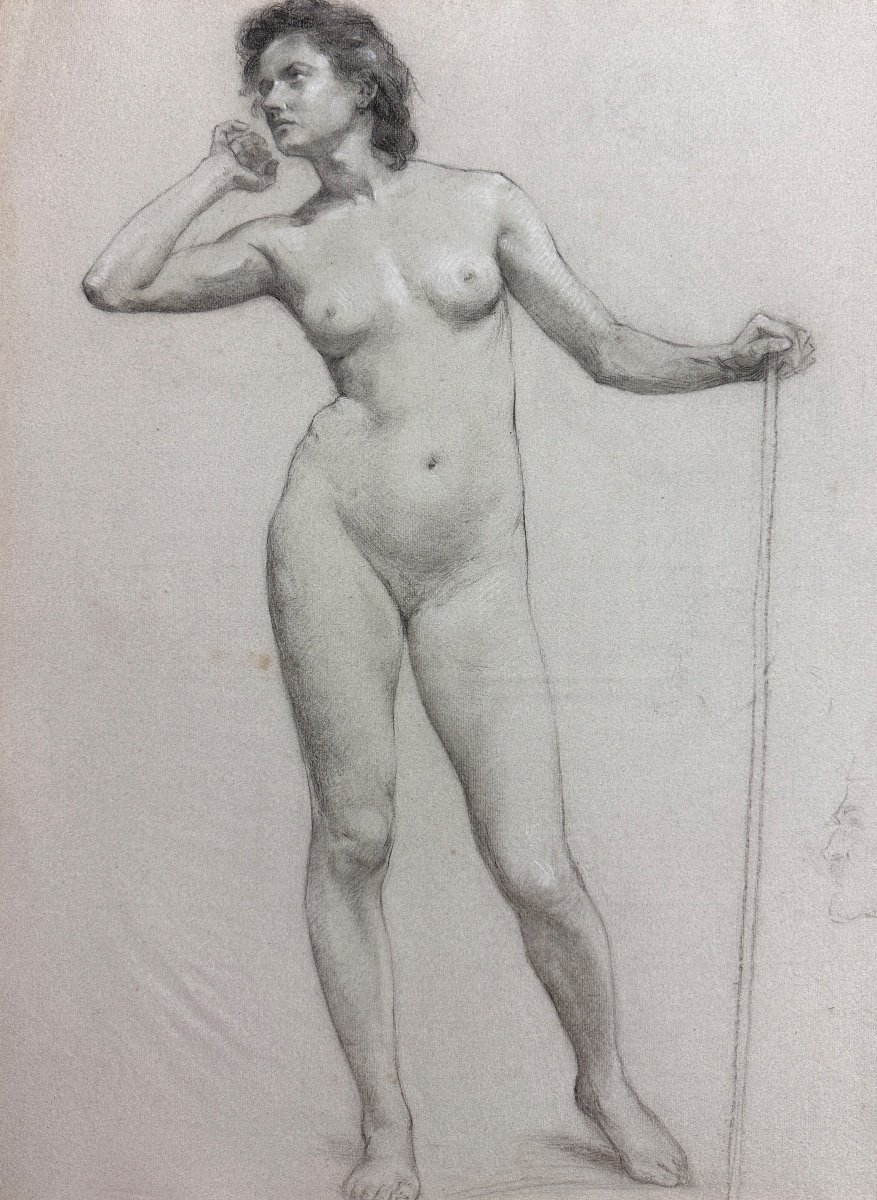 Old Beautiful Drawing Academy Portrait Of Young Nude Woman Standing Workshop 19th-photo-3