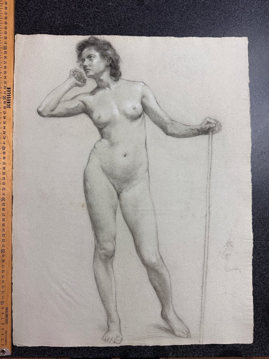 Old Beautiful Drawing Academy Portrait Of Young Nude Woman Standing Workshop 19th-photo-4