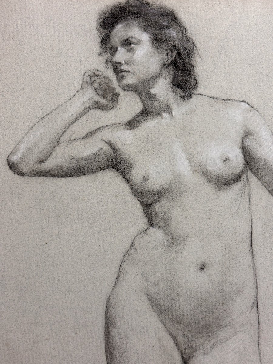 Old Beautiful Drawing Academy Portrait Of Young Nude Woman Standing Workshop 19th