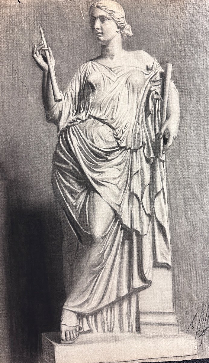 Ancien Dessin Académie Grèce Antique Portrait Aphrodite  Drapé Signé Hoffmann 1900 Aphrodite -photo-1