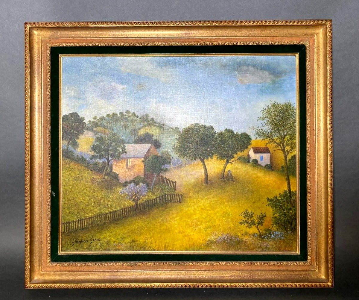 Old Naive Painting Animated Hilly Landscape Hst Frame 75cm French Rivièra-photo-3