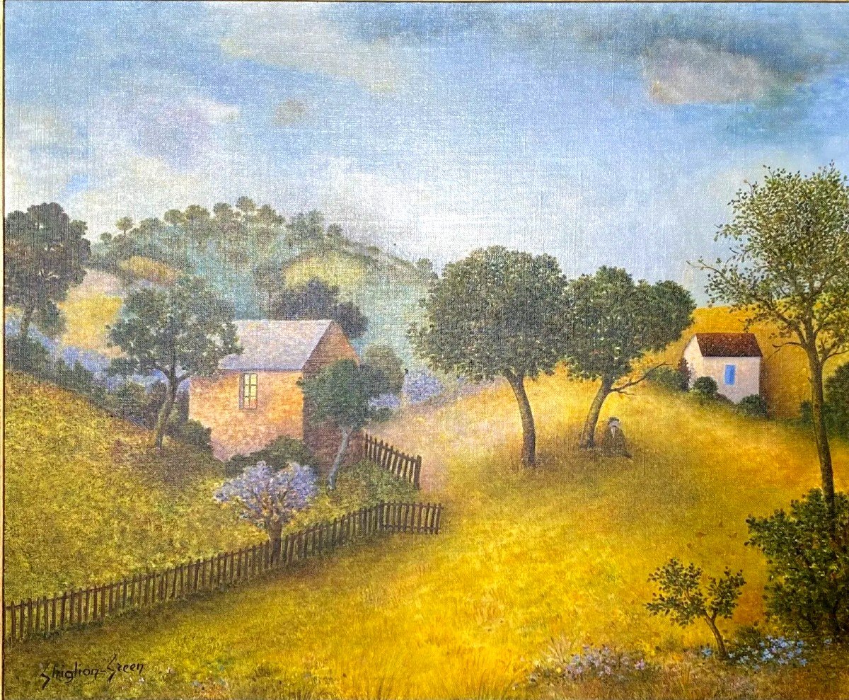 GHIGLION-GREEN  Ancien Tableau Naïf  Paysage Valloné Animé Hst Cadre 75cm Cannes Naive 