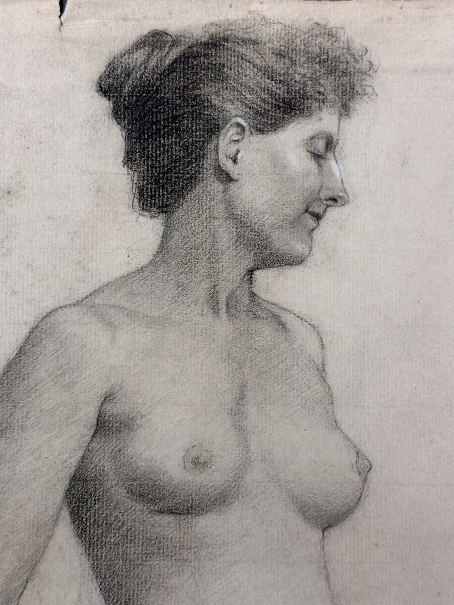 Ancien Dessin Académie Atelier Portrait Homme Visage Femme Nue 19 ème-photo-1