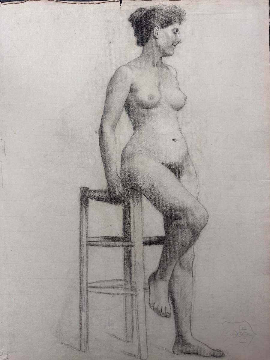 Ancien Dessin Académie Atelier Portrait Homme Visage Femme Nue 19 ème-photo-2