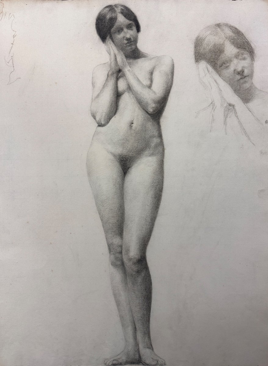 Hoffmann Ancien Dessin Académie Portrait Jeune Femme Nue Debout Nancy 1900 -photo-4