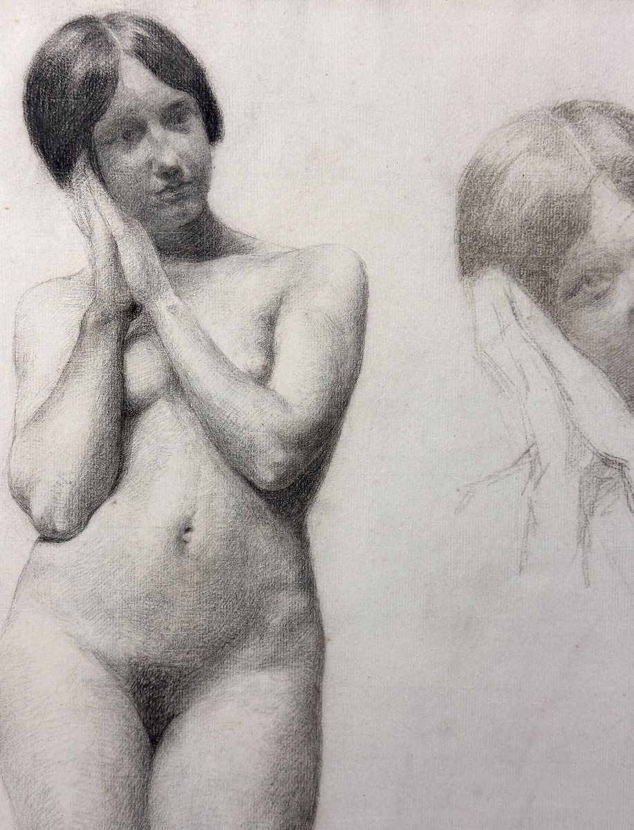 Hoffmann Ancien Dessin Académie Portrait Jeune Femme Nue Debout Nancy 1900 