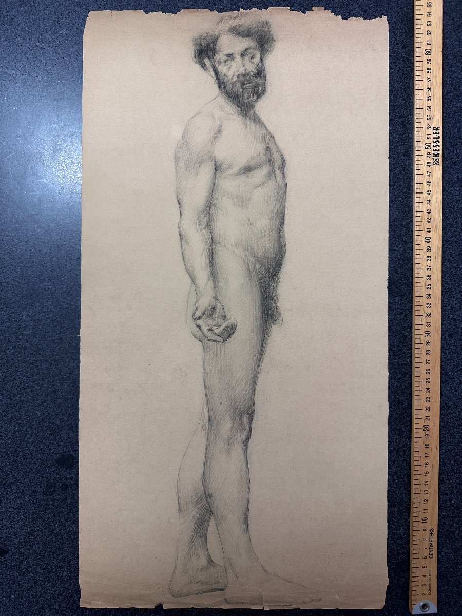 Ancien Dessin Académie Portrait d' Homme  Barbu Nu  Debout  Nancy  1900 Hoffmann-photo-2