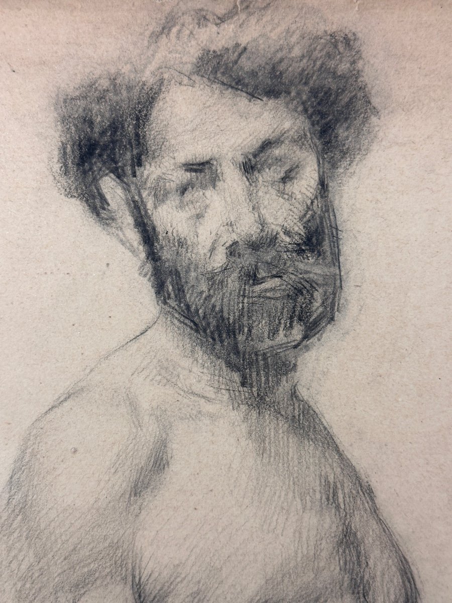 Ancien Dessin Académie Portrait d' Homme  Barbu Nu  Debout  Nancy  1900 Hoffmann