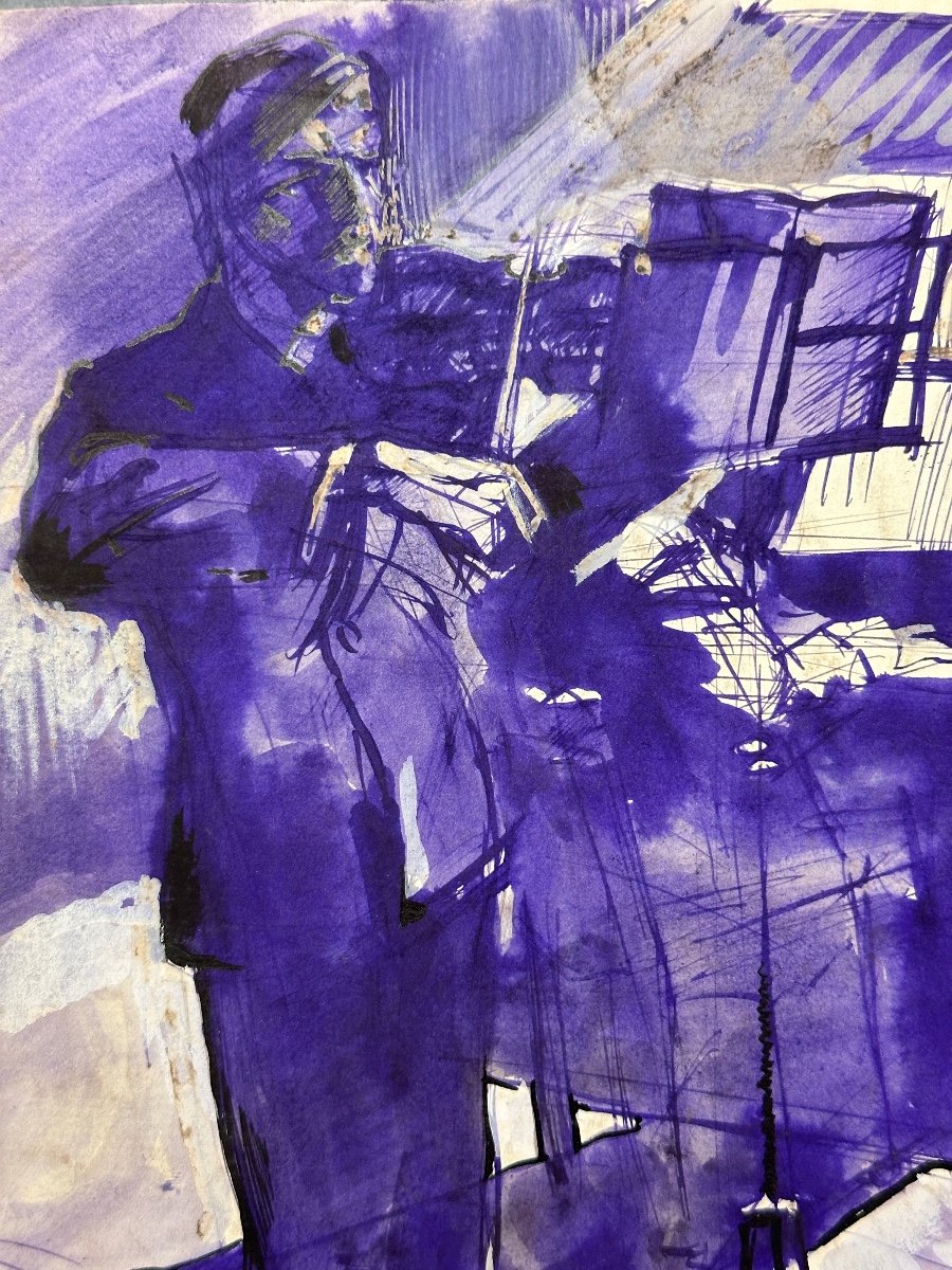 Old Drawing Jean Terles Portrait Musician Violin Concert Purple Ink 1930 -photo-2