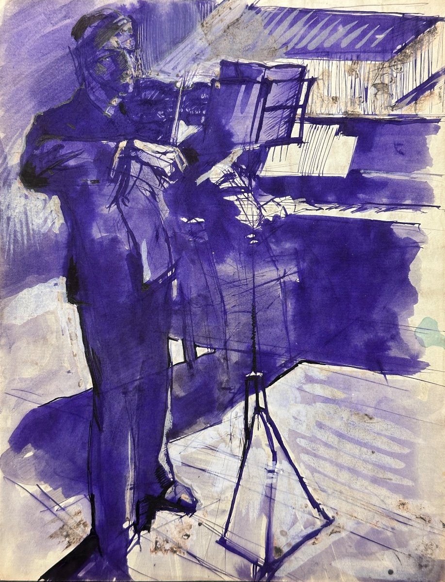 Old Drawing Jean Terles Portrait Musician Violin Concert Purple Ink 1930 -photo-4