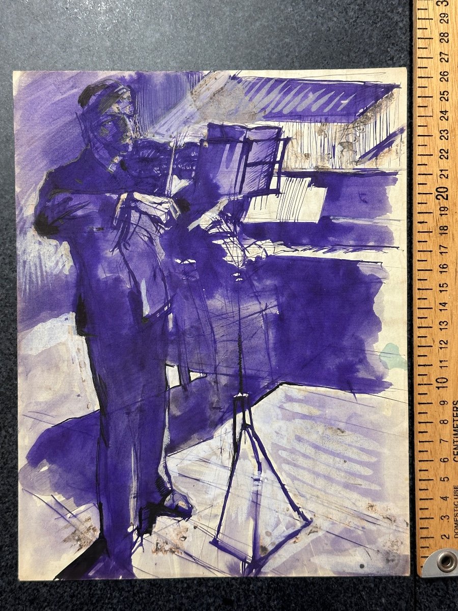 Old Drawing Jean Terles Portrait Musician Violin Concert Purple Ink 1930 -photo-2