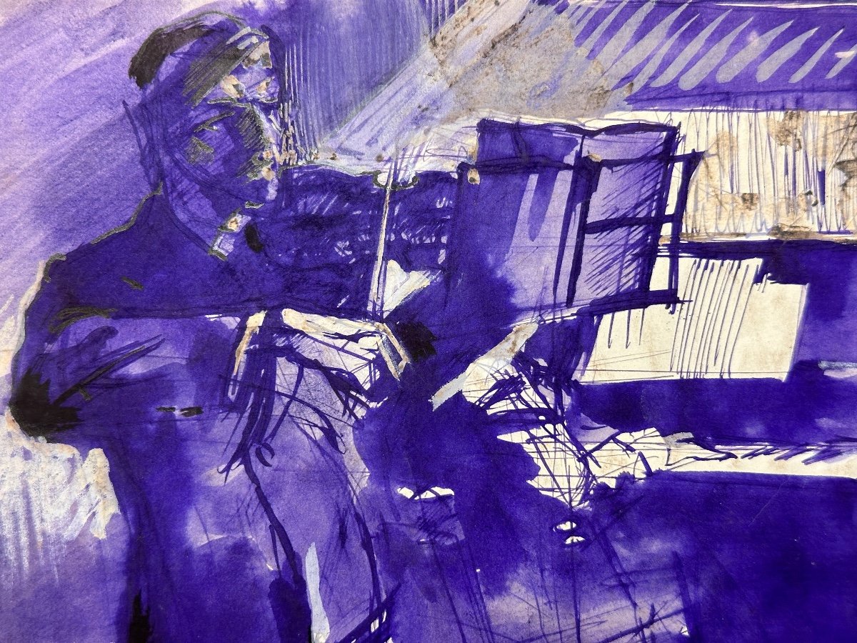 Old Drawing Jean Terles Portrait Musician Violin Concert Purple Ink 1930 