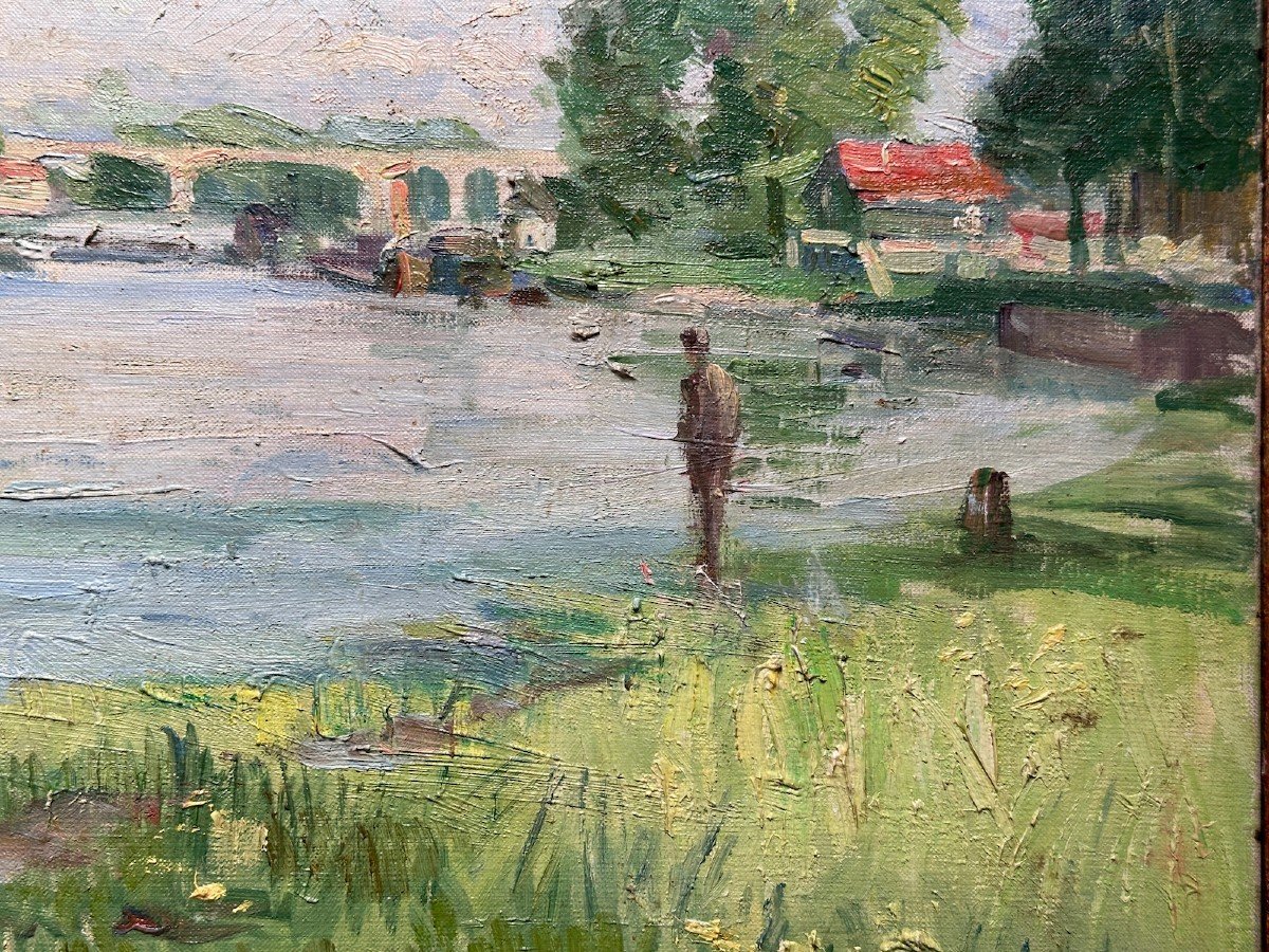 Old Impressionist Landscape Painting Le Loing Montigny Grez Moret Hst-photo-2