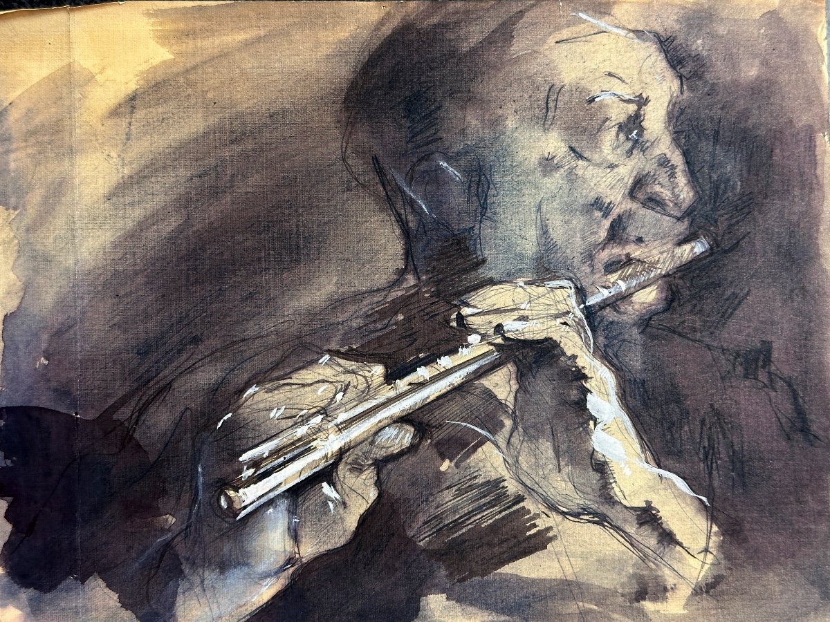 Jean Terles  Dessin Ancien Portrait Musicien Le Flûtiste Concert Flûte Encre Lavis  1930