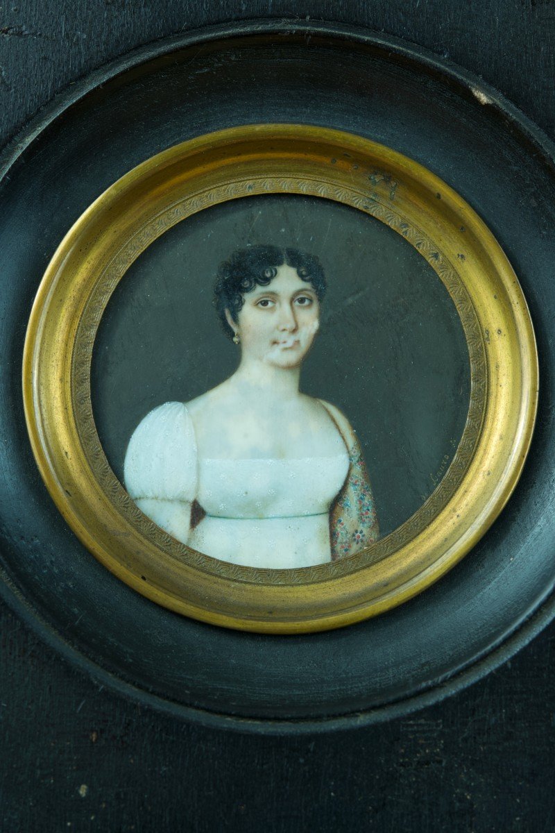 De Lauro Grande  Ancienne Miniature Portrait De Jeune Femme Robe Blanche Empire  Italie-photo-3