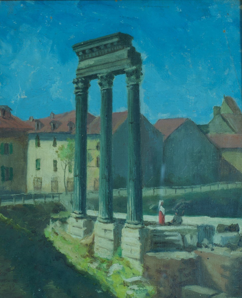 Old Painting View Italy Temple Rome Castor And Pollux Animated Summer Hst Grand Tour-photo-4