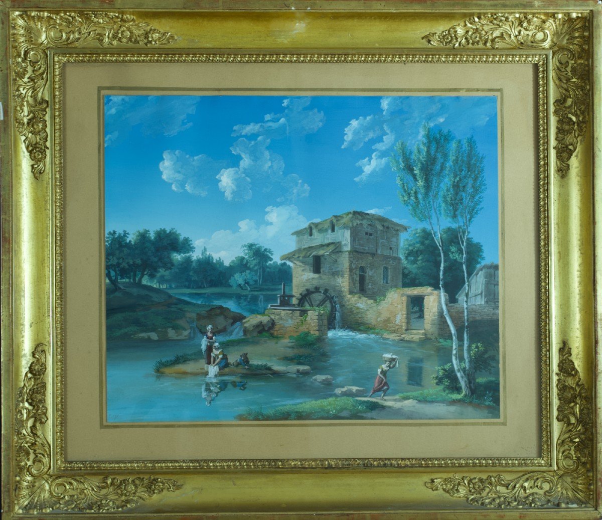 Old Painting Animated Landscape Washerwomen Water Mill  Sky Gouache Sv Boucher Frame-photo-2