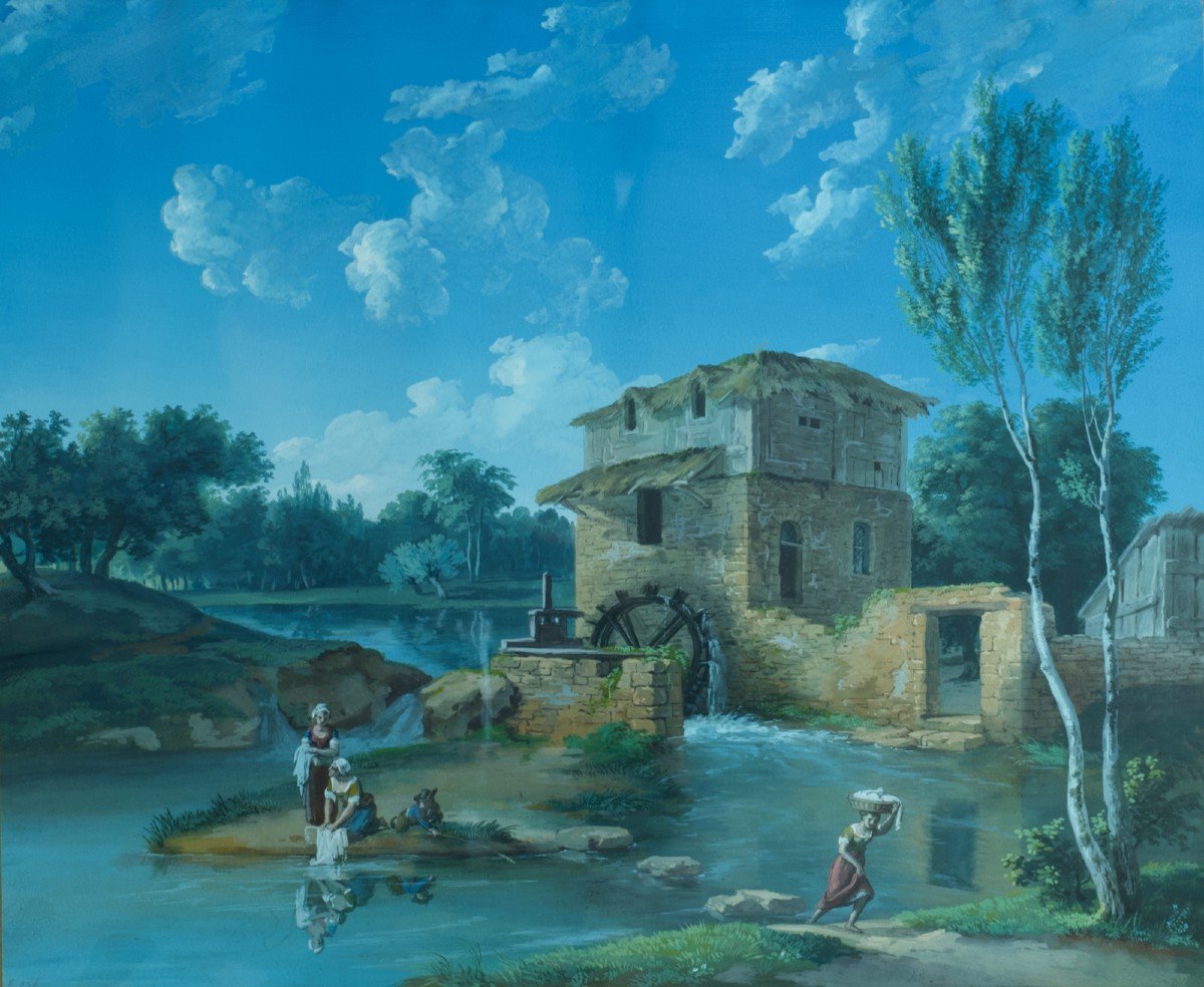 Old Painting Animated Landscape Washerwomen Water Mill  Sky Gouache Sv Boucher Frame-photo-3