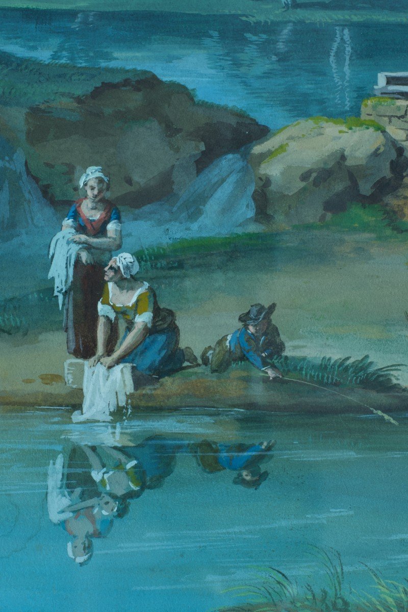 Old Painting Animated Landscape Washerwomen Water Mill  Sky Gouache Sv Boucher Frame-photo-4