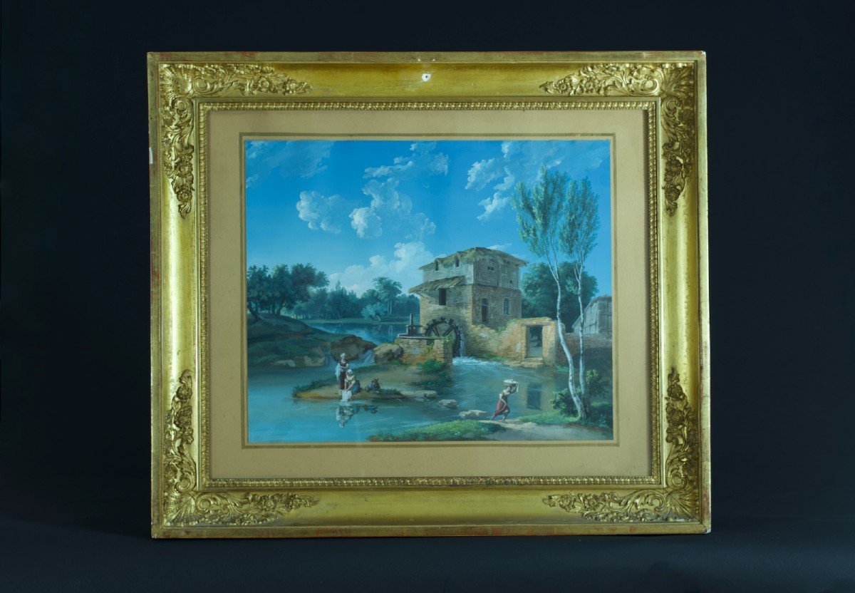 Old Painting Animated Landscape Washerwomen Water Mill  Sky Gouache Sv Boucher Frame-photo-7