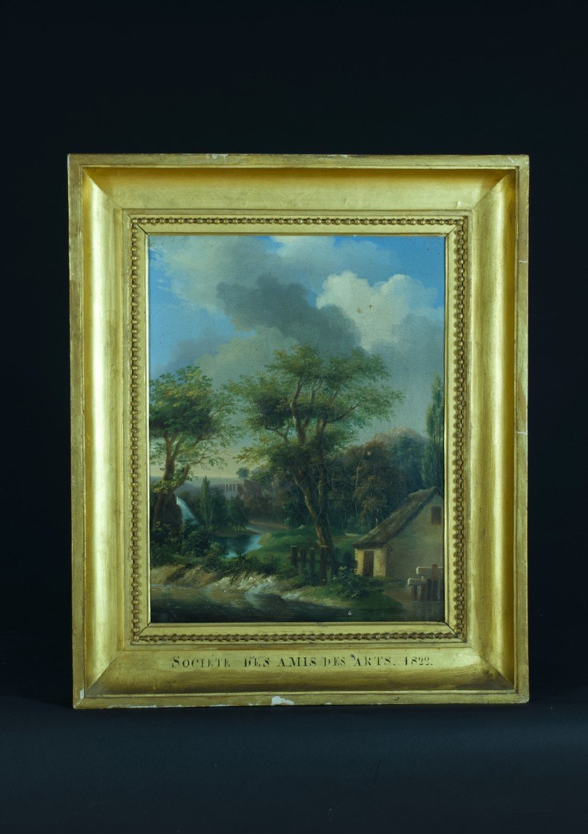 Old Painting Landscape Waterfall Aqueduct Roman Ruin Lyon School 19th Frame-photo-2