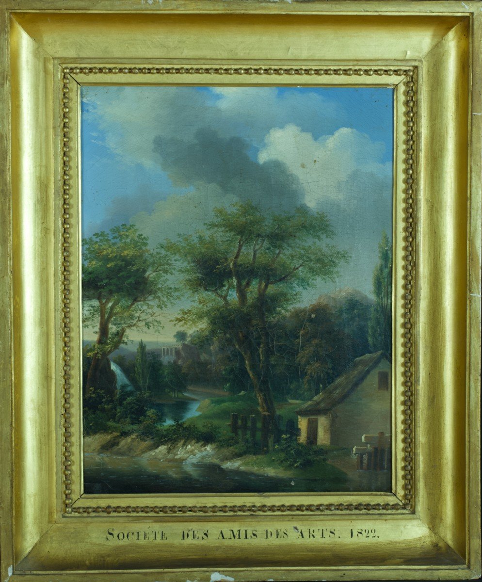 Old Painting Landscape Waterfall Aqueduct Roman Ruin Lyon School 19th Frame-photo-3