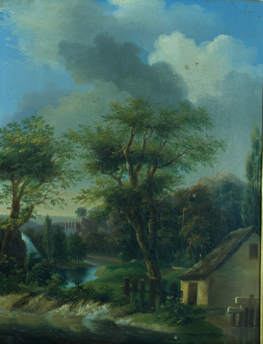 Tableau Ancien Paysage Cascade Aqueduc Ruine Romaine Soc. Amis des Arts 1822  19e Cadre-photo-4