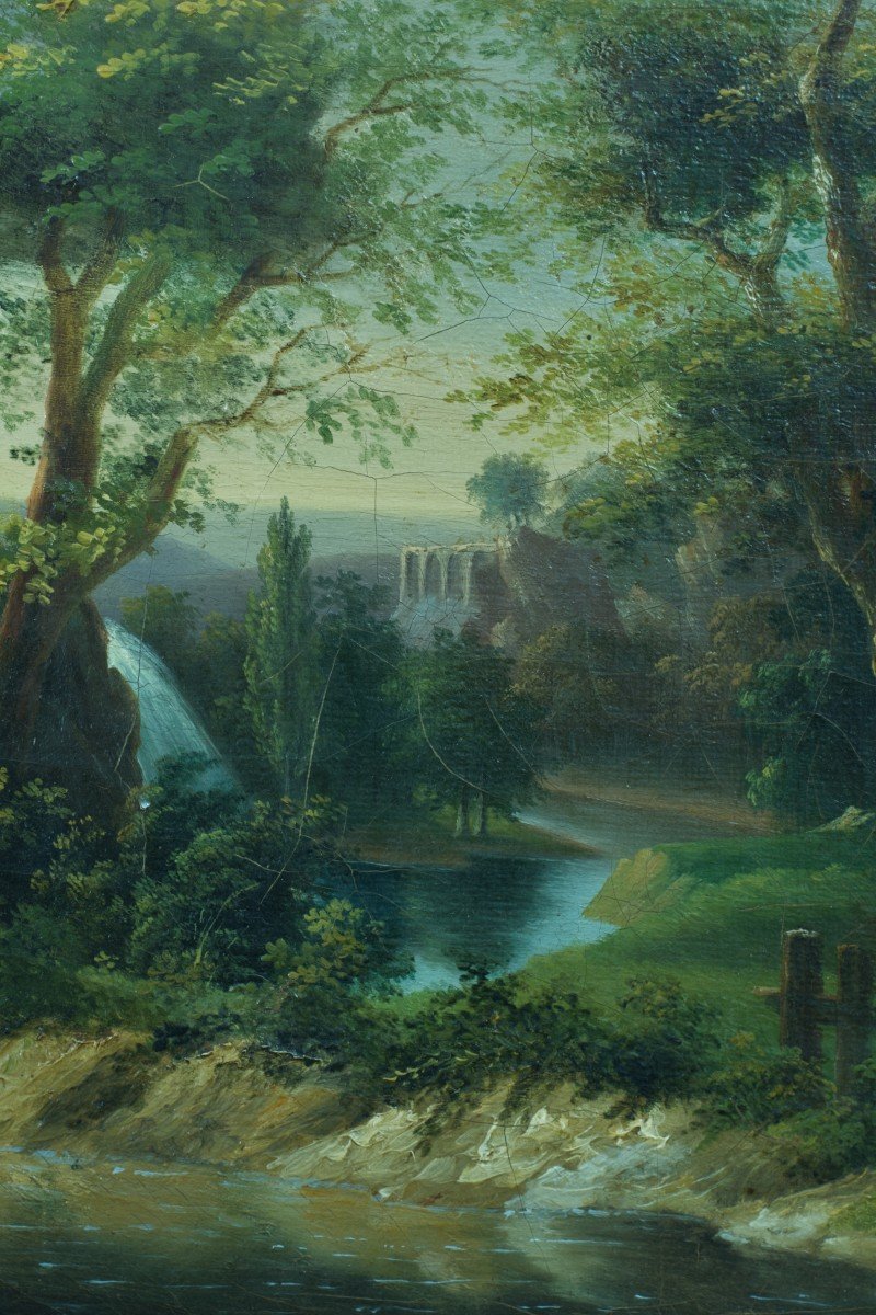 Old Painting Landscape Waterfall Aqueduct Roman Ruin Lyon School 19th Frame-photo-4