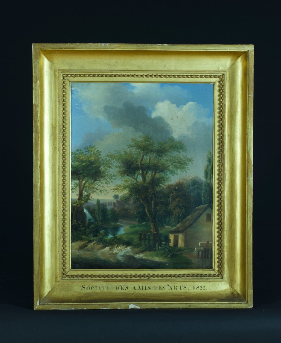 Old Painting Landscape Waterfall Aqueduct Roman Ruin Lyon School 19th Frame-photo-7