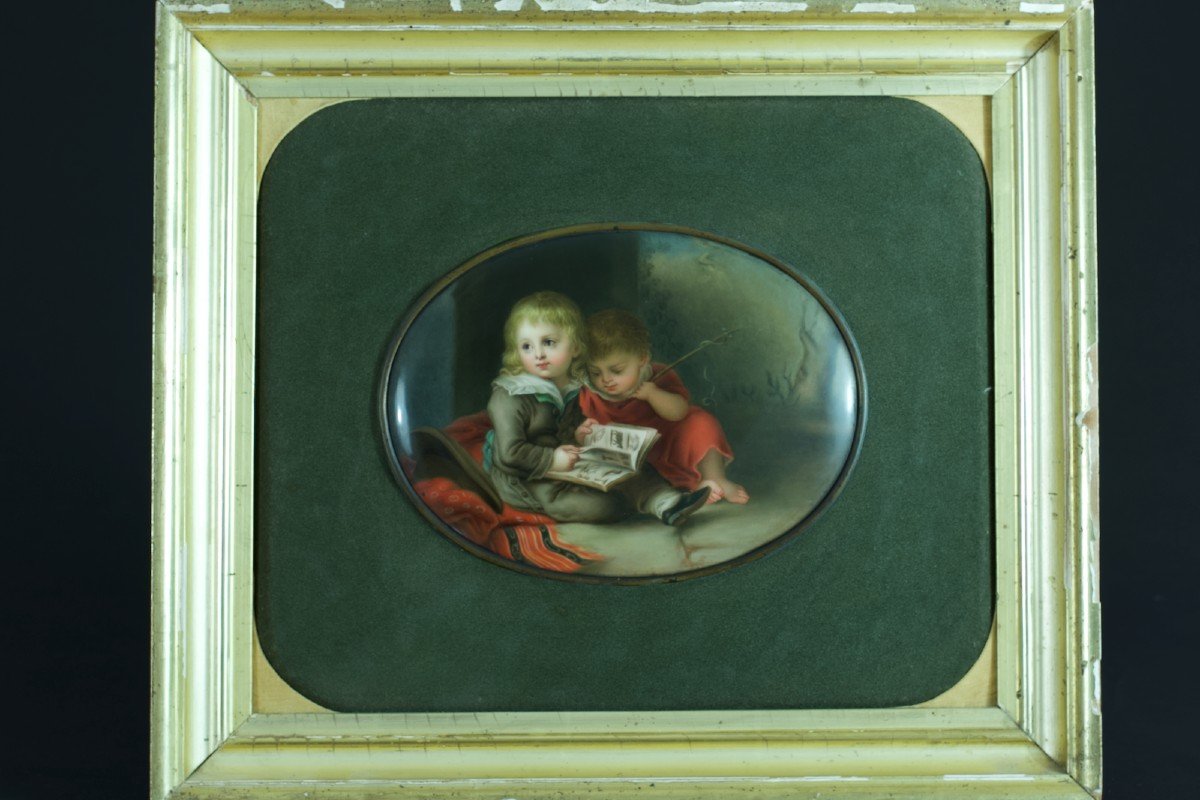 Tableau Ancien Portait Enfants à La Lecture Plaque Porcelaine Vogel Kpm Berlin-photo-3