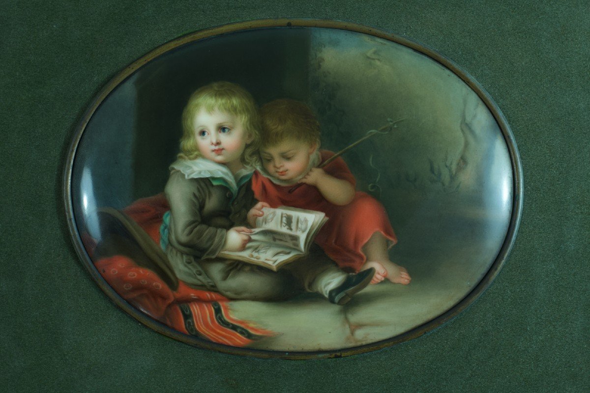 Tableau Ancien Portait Enfants à La Lecture Plaque Porcelaine Vogel Kpm Berlin-photo-4