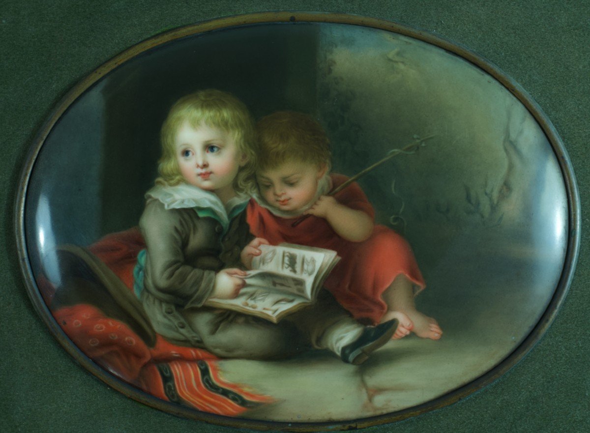 Tableau Ancien Portait Enfants à La Lecture Plaque Porcelaine Vogel Kpm Berlin-photo-1