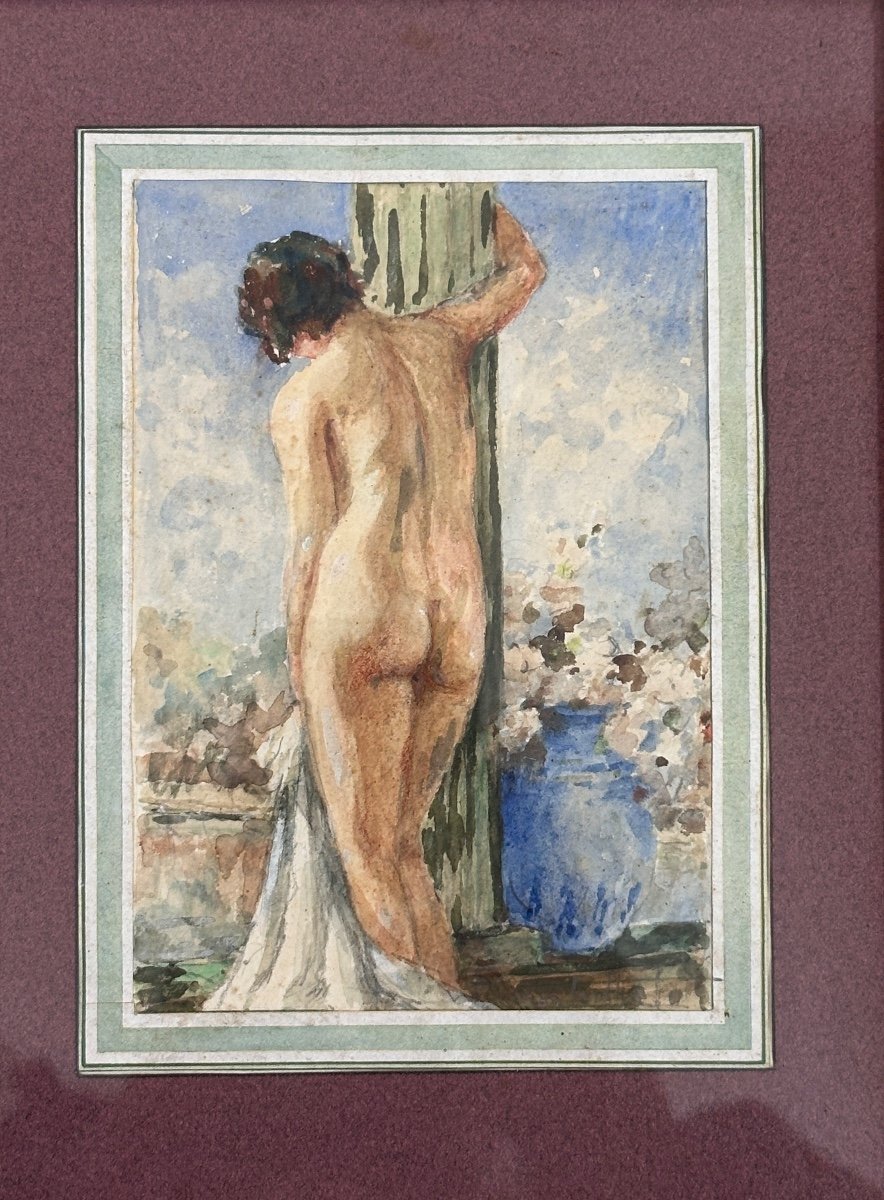 Beau Tableau Ancien Portrait Jeune Femme Nue Colonne Temple Grec Jardin Torthe-photo-4