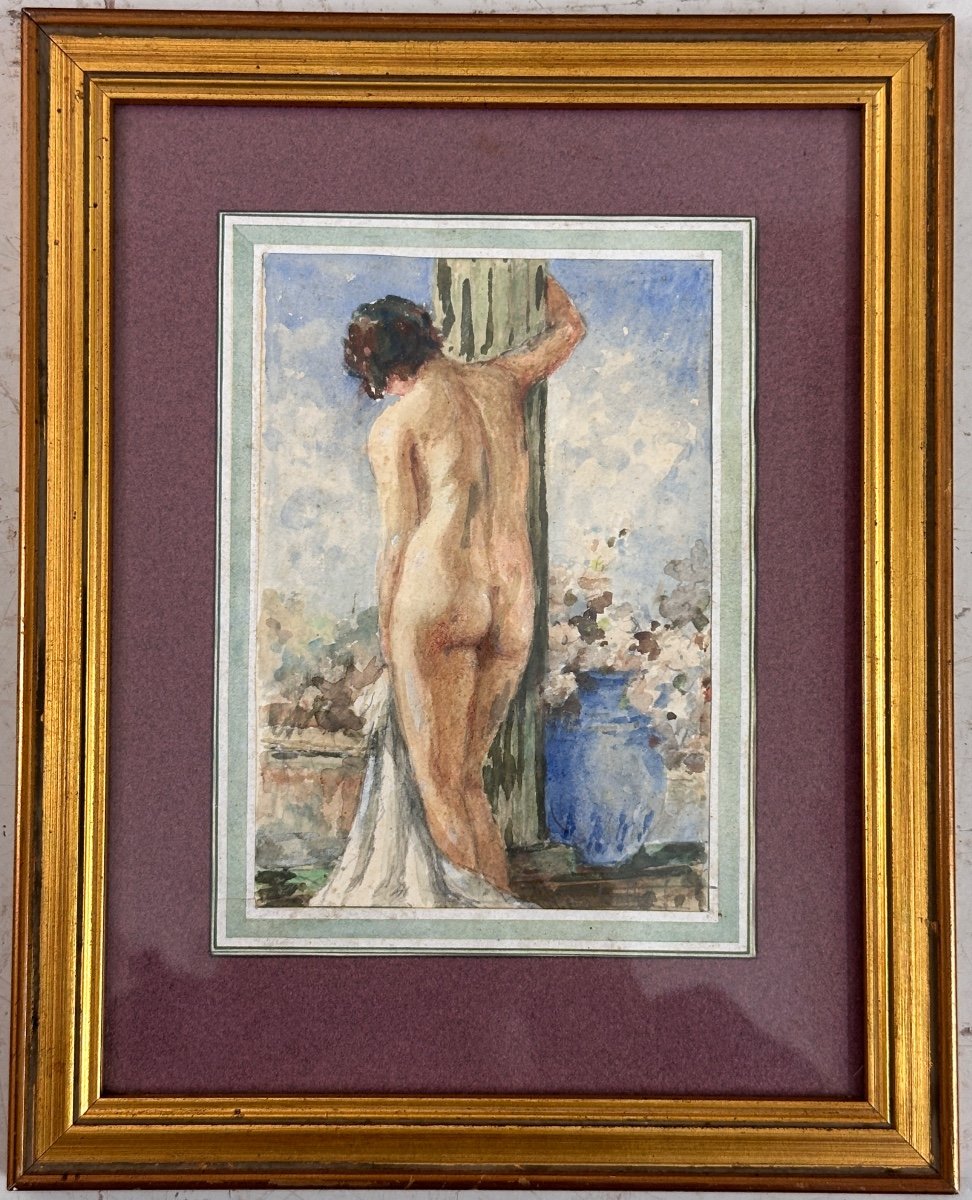 Beau Tableau Ancien Portrait Jeune Femme Nue Colonne Temple Grec Jardin Torthe-photo-1